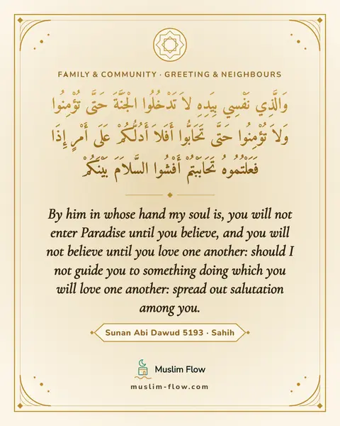 Sunan Abi Dawud 5193 · Sahih: By him in whose hand my soul is, you will not enter Paradise until you believe, and you will not…