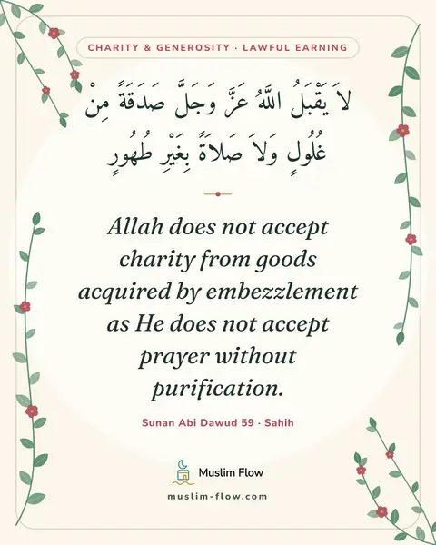 Sunan Abi Dawud 59 · Sahih: Allah does not accept charity from goods acquired by embezzlement as He does not accept prayer…