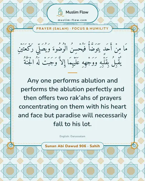 Sunan Abi Dawud 906 · Sahih: Any one performs ablution and performs the ablution perfectly and then offers two rak’ahs of…