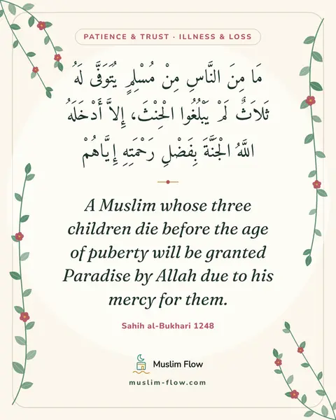 Sahih al-Bukhari 1248: A Muslim whose three children die before the age of puberty will be granted Paradise by Allah due…