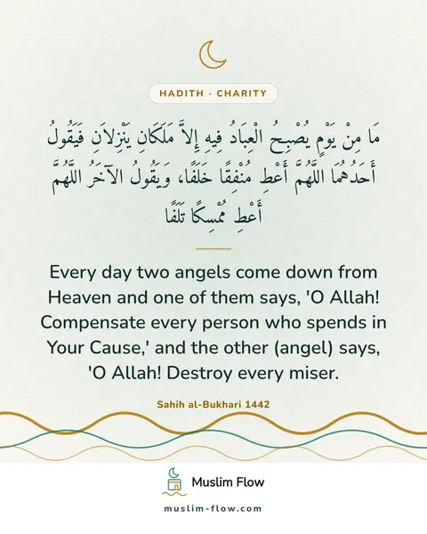Sahih al-Bukhari 1442: Every day two angels come down from Heaven and one of them says, 'O Allah! Compensate every person…