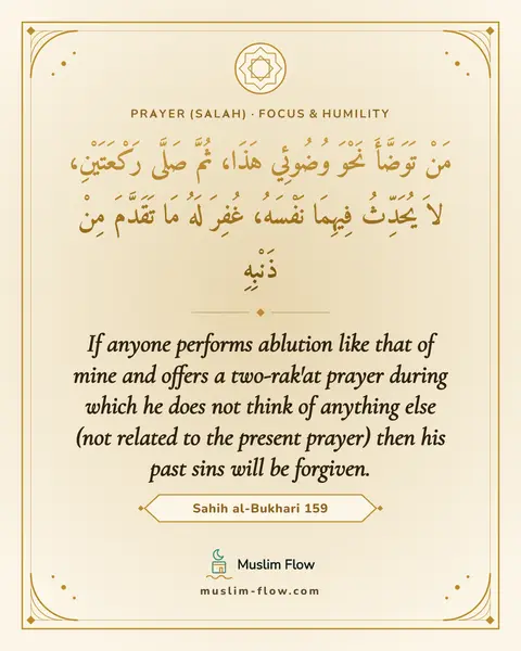 Sahih al-Bukhari 159: If anyone performs ablution like that of mine and offers a two-rak'at prayer during which he does…