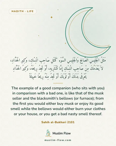Sahih al-Bukhari 2101: The example of a good companion (who sits with you) in comparison with a bad one, is like that of…