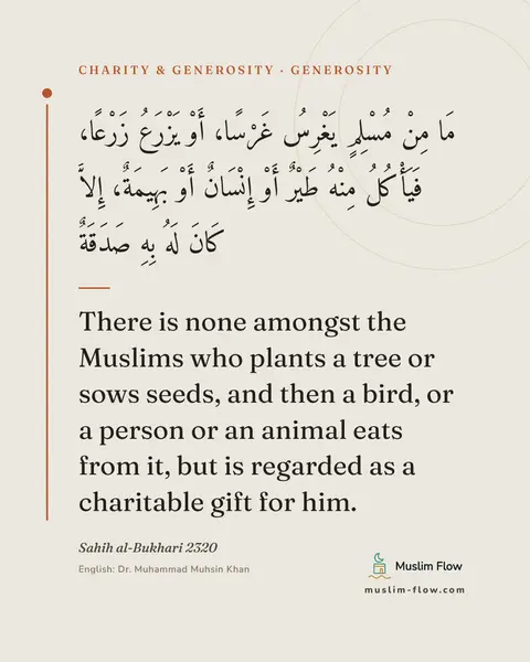 Sahih al-Bukhari 2320: There is none amongst the Muslims who plants a tree or sows seeds, and then a bird, or a person or…