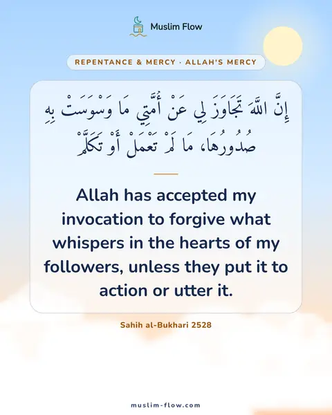Sahih al-Bukhari 2528: Allah has accepted my invocation to forgive what whispers in the hearts of my followers, unless…
