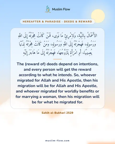 Sahih al-Bukhari 2529: The (reward of) deeds depend on intentions, and every person will get the reward according to what…
