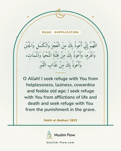 Sahih al-Bukhari 2823: O Allah! I seek refuge with You from helplessness, laziness, cowardice and feeble old age; I seek…