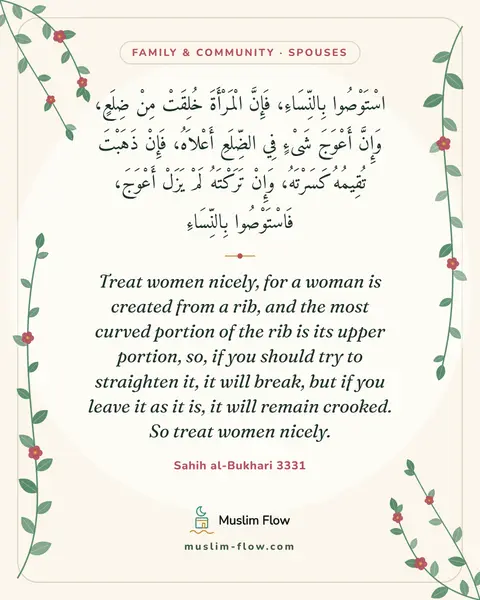 Sahih al-Bukhari 3331: Treat women nicely, for a woman is created from a rib, and the most curved portion of the rib is…
