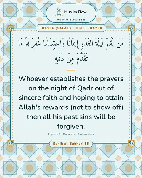 Sahih al-Bukhari 35: Whoever establishes the prayers on the night of Qadr out of sincere faith and hoping to attain…