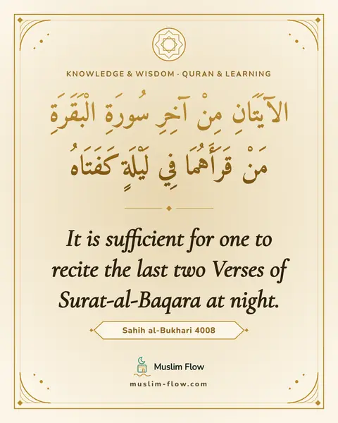 Sahih al-Bukhari 4008: It is sufficient for one to recite the last two Verses of Surat-al-Baqara at night.