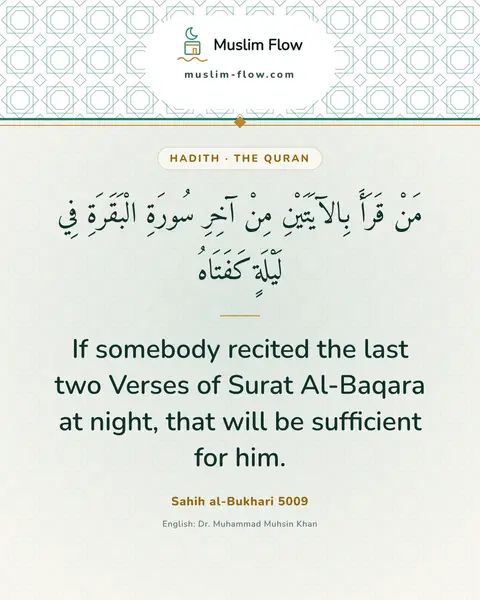 Sahih al-Bukhari 5009: If somebody recited the last two Verses of Surat Al-Baqara at night, that will be sufficient for…