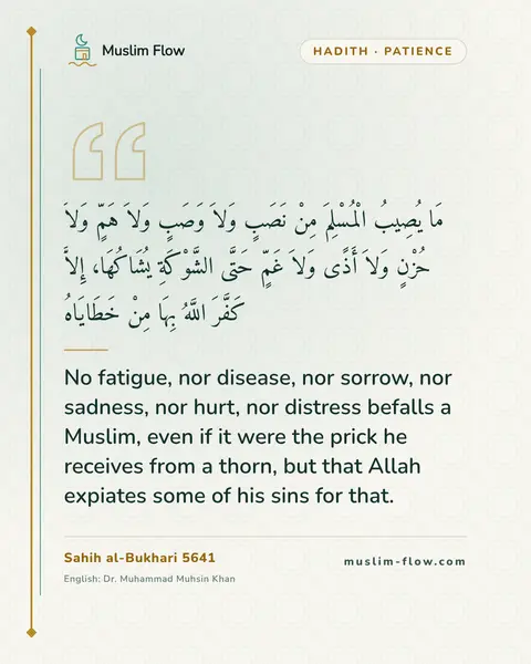 Sahih al-Bukhari 5641: No fatigue, nor disease, nor sorrow, nor sadness, nor hurt, nor distress befalls a Muslim, even if…