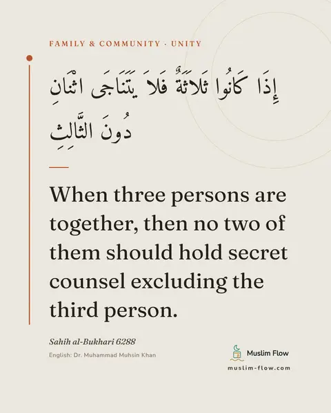 Sahih al-Bukhari 6288: When three persons are together, then no two of them should hold secret counsel excluding the third…