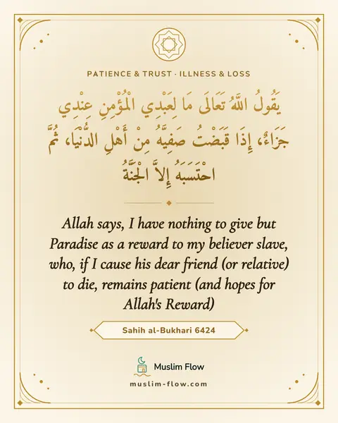 Sahih al-Bukhari 6424: Allah says, I have nothing to give but Paradise as a reward to my believer slave, who, if I cause…