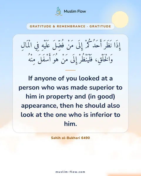 Sahih al-Bukhari 6490: If anyone of you looked at a person who was made superior to him in property and (in good)…