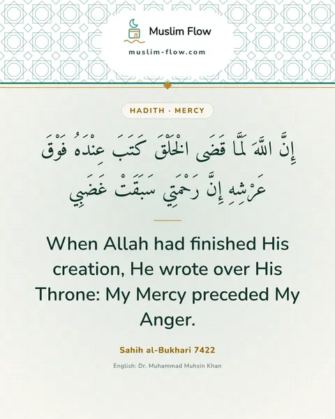 Sahih al-Bukhari 7422: When Allah had finished His creation, He wrote over His Throne: My Mercy preceded My Anger.