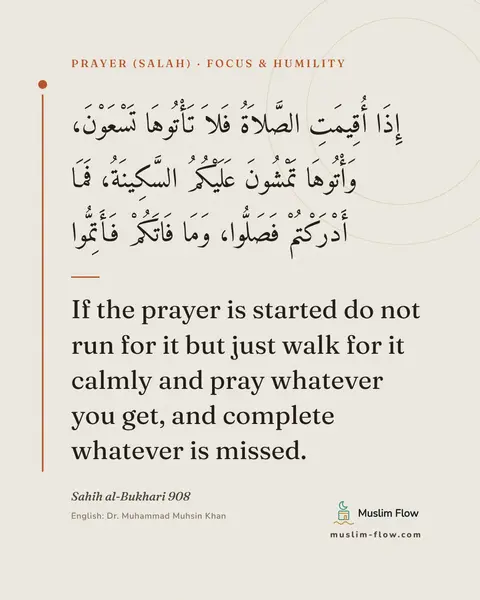 Sahih al-Bukhari 908: If the prayer is started do not run for it but just walk for it calmly and pray whatever you get…