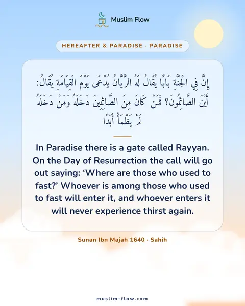 Sunan Ibn Majah 1640 · Sahih: In Paradise there is a gate called Rayyan. On the Day of Resurrection the call will go out saying…