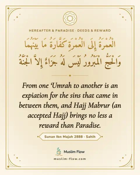 Sunan Ibn Majah 2888 · Sahih: From one ‘Umrah to another is an expiation for the sins that came in between them, and Hajj Mabrur…