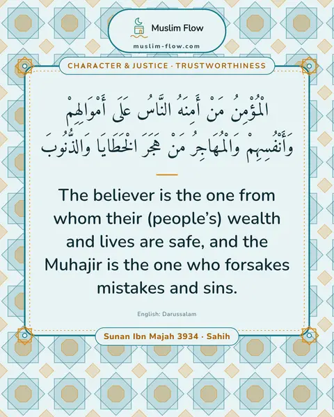 Sunan Ibn Majah 3934 · Sahih: The believer is the one from whom their (people’s) wealth and lives are safe, and the Muhajir is…