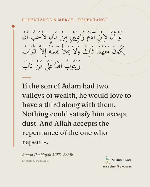 Sunan Ibn Majah 4235 · Sahih: If the son of Adam had two valleys of wealth, he would love to have a third along with them…