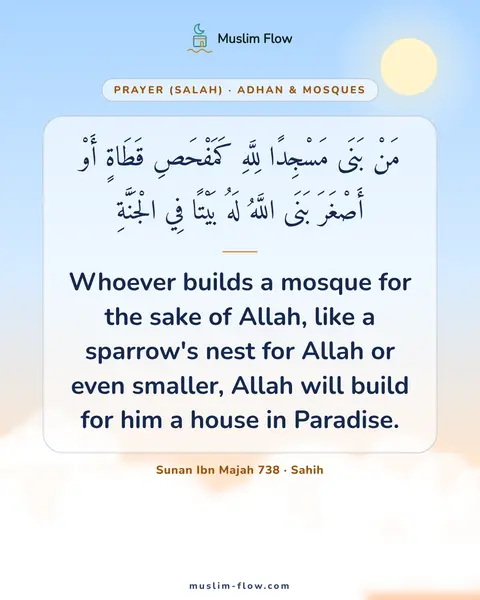 Sunan Ibn Majah 738 · Sahih: Whoever builds a mosque for the sake of Allah, like a sparrow's nest for Allah or even smaller…