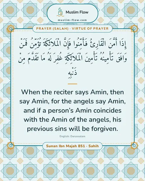 Sunan Ibn Majah 851 · Sahih: When the reciter says Amin, then say Amin, for the angels say Amin, and if a person’s Amin…