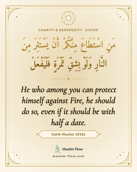 Sahih Muslim 1016a: He who among you can protect himself against Fire, he should do so, even if it should be with half…