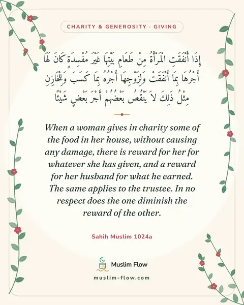 Sahih Muslim 1024a: When a woman gives in charity some of the food in her house, without causing any damage, there is…