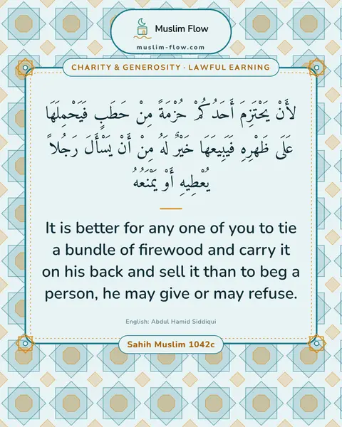 Sahih Muslim 1042c: It is better for any one of you to tie a bundle of firewood and carry it on his back and sell it…
