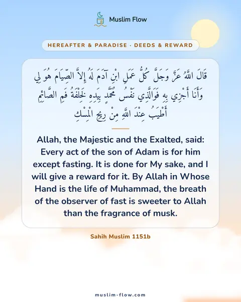 Sahih Muslim 1151b: Allah, the Majestic and the Exalted, said: Every act of the son of Adam is for him except fasting…