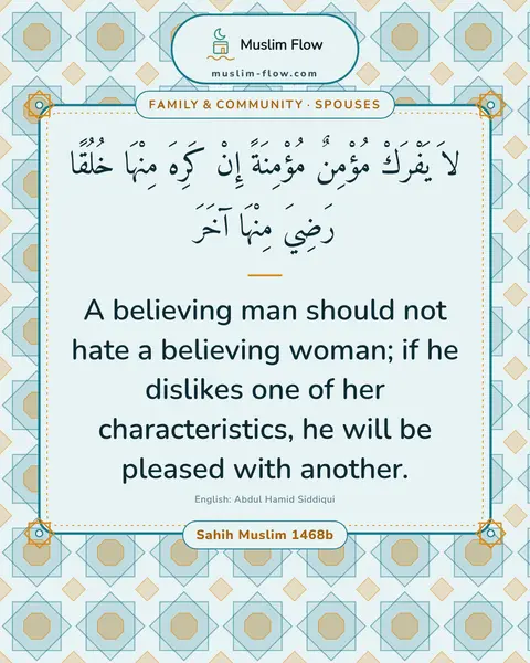 Sahih Muslim 1468b: A believing man should not hate a believing woman; if he dislikes one of her characteristics, he…