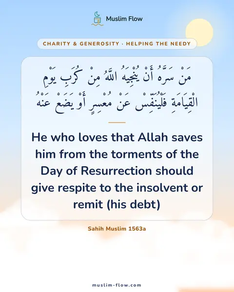 Sahih Muslim 1563a: He who loves that Allah saves him from the torments of the Day of Resurrection should give respite…