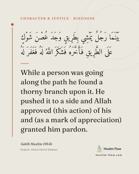Sahih Muslim 1914b: While a person was going along the path he found a thorny branch upon it. He pushed it to a side…