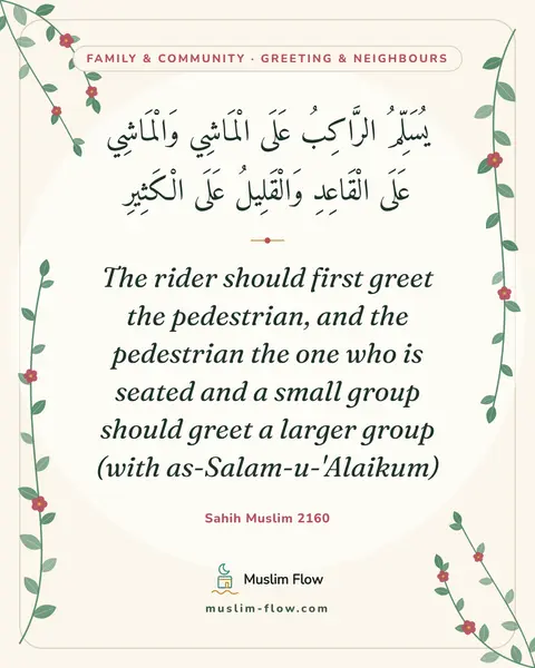 Sahih Muslim 2160: The rider should first greet the pedestrian, and the pedestrian the one who is seated and a small…