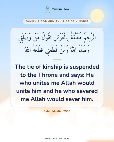 Sahih Muslim 2555: The tie of kinship is suspended to the Throne and says: He who unites me Allah would unite him and…