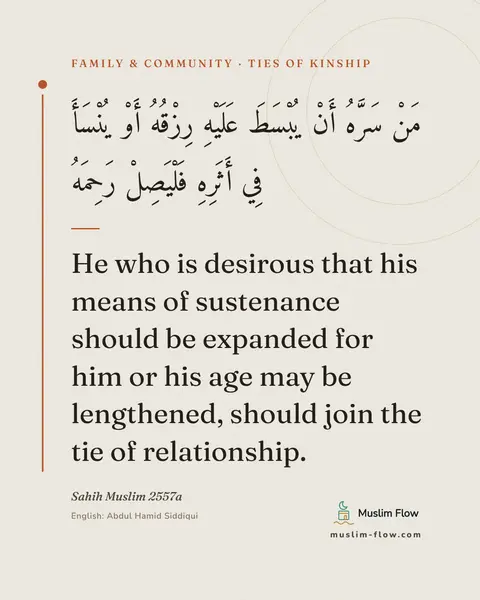 Sahih Muslim 2557a: He who is desirous that his means of sustenance should be expanded for him or his age may be…