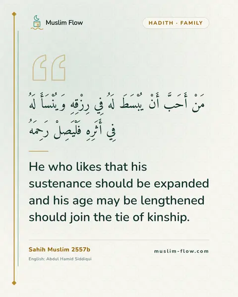 Sahih Muslim 2557b: He who likes that his sustenance should be expanded and his age may be lengthened should join the…
