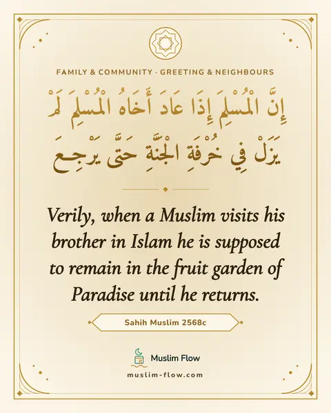 Sahih Muslim 2568c: Verily, when a Muslim visits his brother in Islam he is supposed to remain in the fruit garden of…