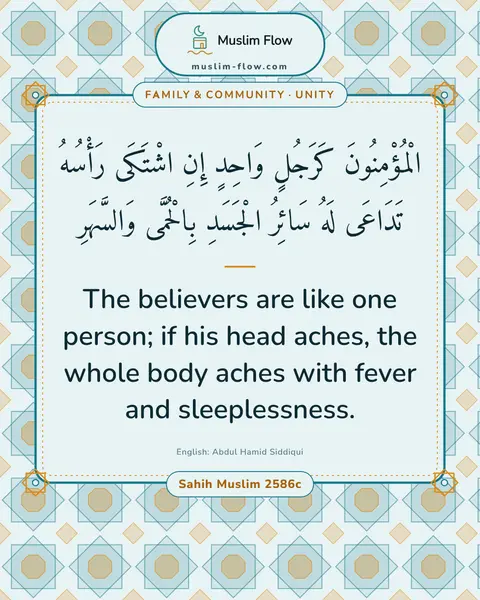 Sahih Muslim 2586c: The believers are like one person; if his head aches, the whole body aches with fever and…