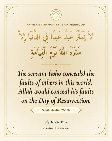 Sahih Muslim 2590b: The servant (who conceals) the faults of others in this world, Allah would conceal his faults on…