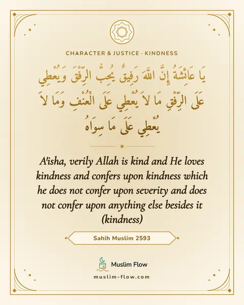Sahih Muslim 2593: A'isha, verily Allah is kind and He loves kindness and confers upon kindness which he does not…