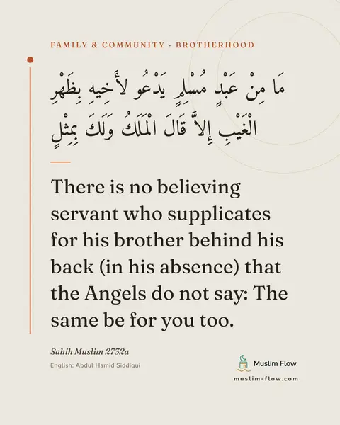 Sahih Muslim 2732a: There is no believing servant who supplicates for his brother behind his back (in his absence) that…