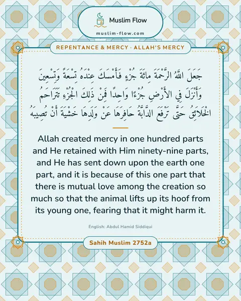 Sahih Muslim 2752a: Allah created mercy in one hundred parts and He retained with Him ninety-nine parts, and He has…