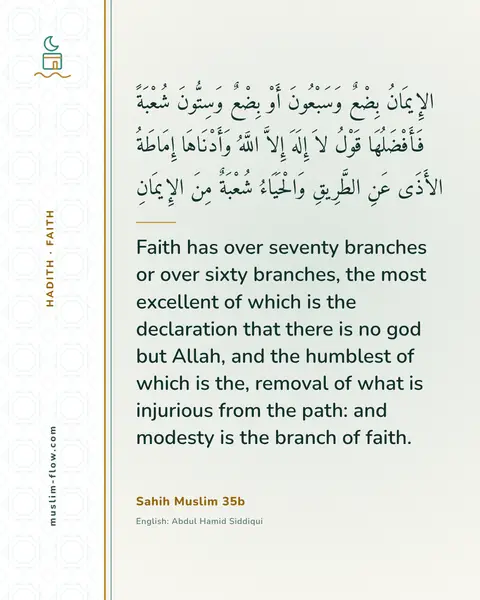 Sahih Muslim 35b: Faith has over seventy branches or over sixty branches, the most excellent of which is the…