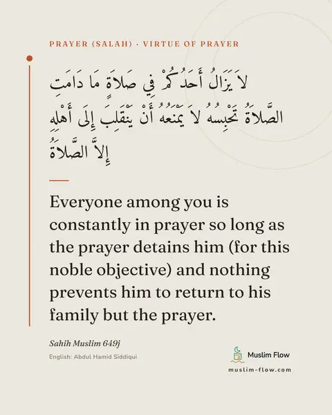 Sahih Muslim 649j: Everyone among you is constantly in prayer so long as the prayer detains him (for this noble…
