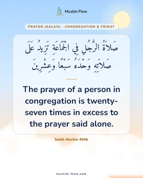 Sahih Muslim 650b: The prayer of a person in congregation is twenty-seven times in excess to the prayer said alone.