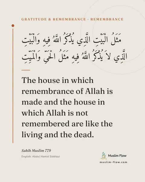 Sahih Muslim 779: The house in which remembrance of Allah is made and the house in which Allah is not remembered are…