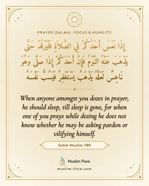 Sahih Muslim 786: When anyone amongst you dozes in prayer, he should sleep, till sleep is gone, for when one of you…