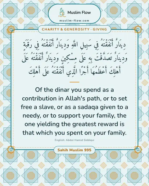 Sahih Muslim 995: Of the dinar you spend as a contribution in Allah's path, or to set free a slave, or as a sadaqa…